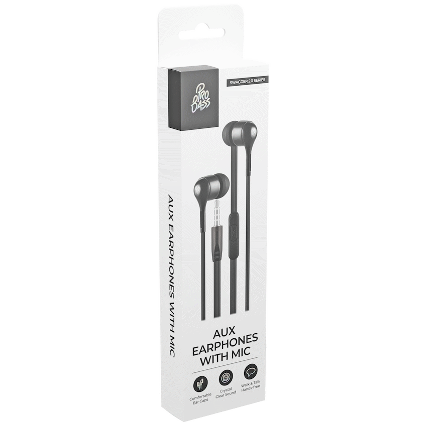 Pro Bass Swagger 2.0 Series - Boxed Auxiliary Earphone with Mic - Black